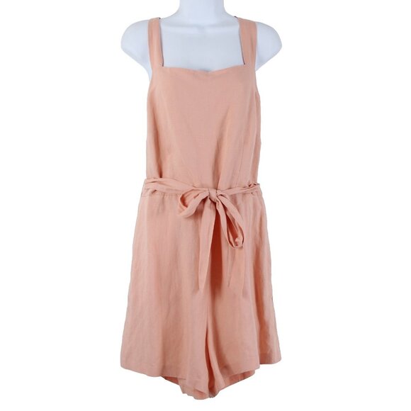 HM $35 Sz L Peach Pink Belted Pockets Square Neck Linen Viscose Romper - Picture 1 of 14